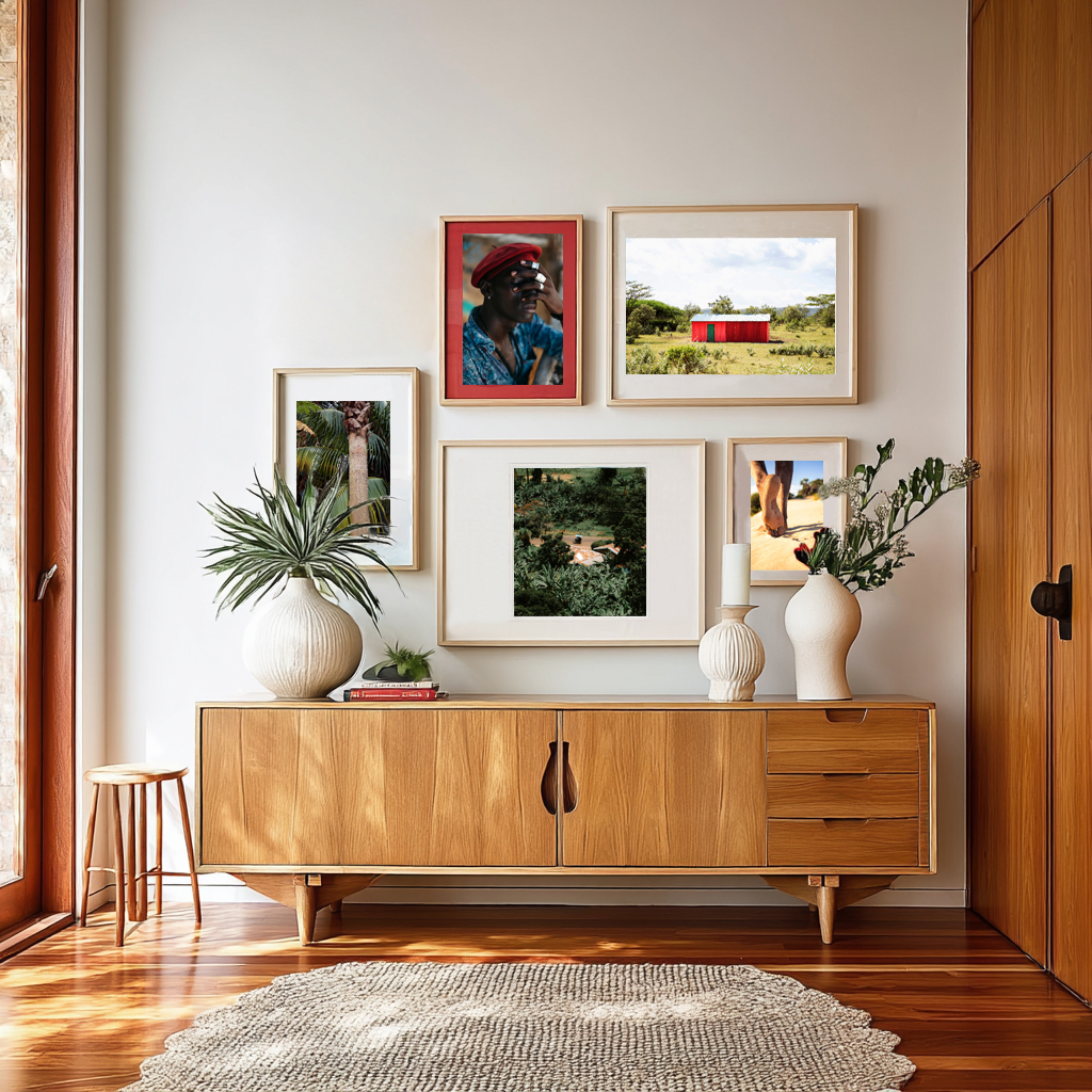Modern living space featuring a warm wooden sideboard and a curated gallery wall of Rhythm & Hues fine art photography prints, including portraits, landscapes, and travel scenes styled with neutral ceramics and natural light for a timeless, artful look.